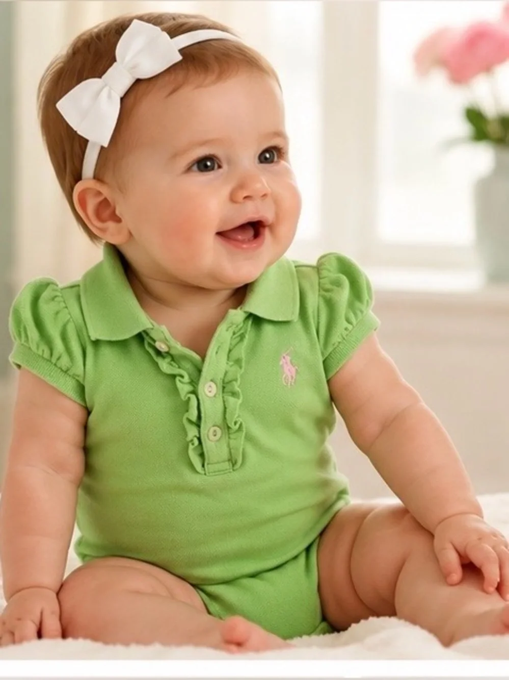 Ralph Lauren Girls Spring Green Ruffle Polo Bodysuit Pink Pony 🩷💚 9M MSRP $49